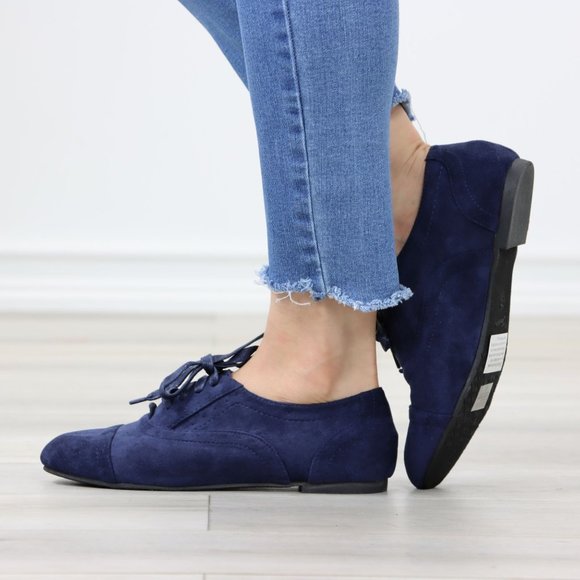 Navy Faux Suede Lace up Oxford Style Shoes Flats - Picture 12 of 12